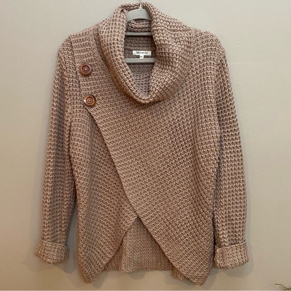 Miracle usa Women's Tan Sweater asymmetrical 2 button